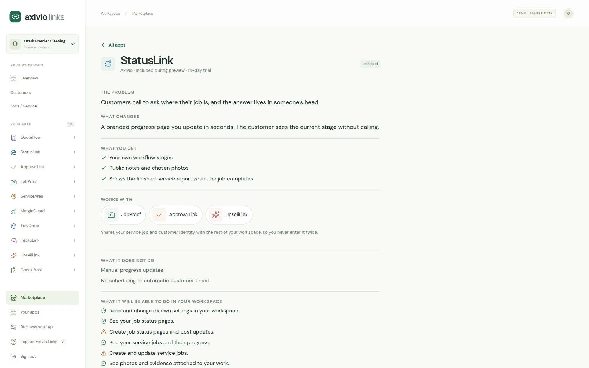 The StatusLink listing in the Links marketplace, showing the problem, the outcome, what it works with and the permissions it requests.