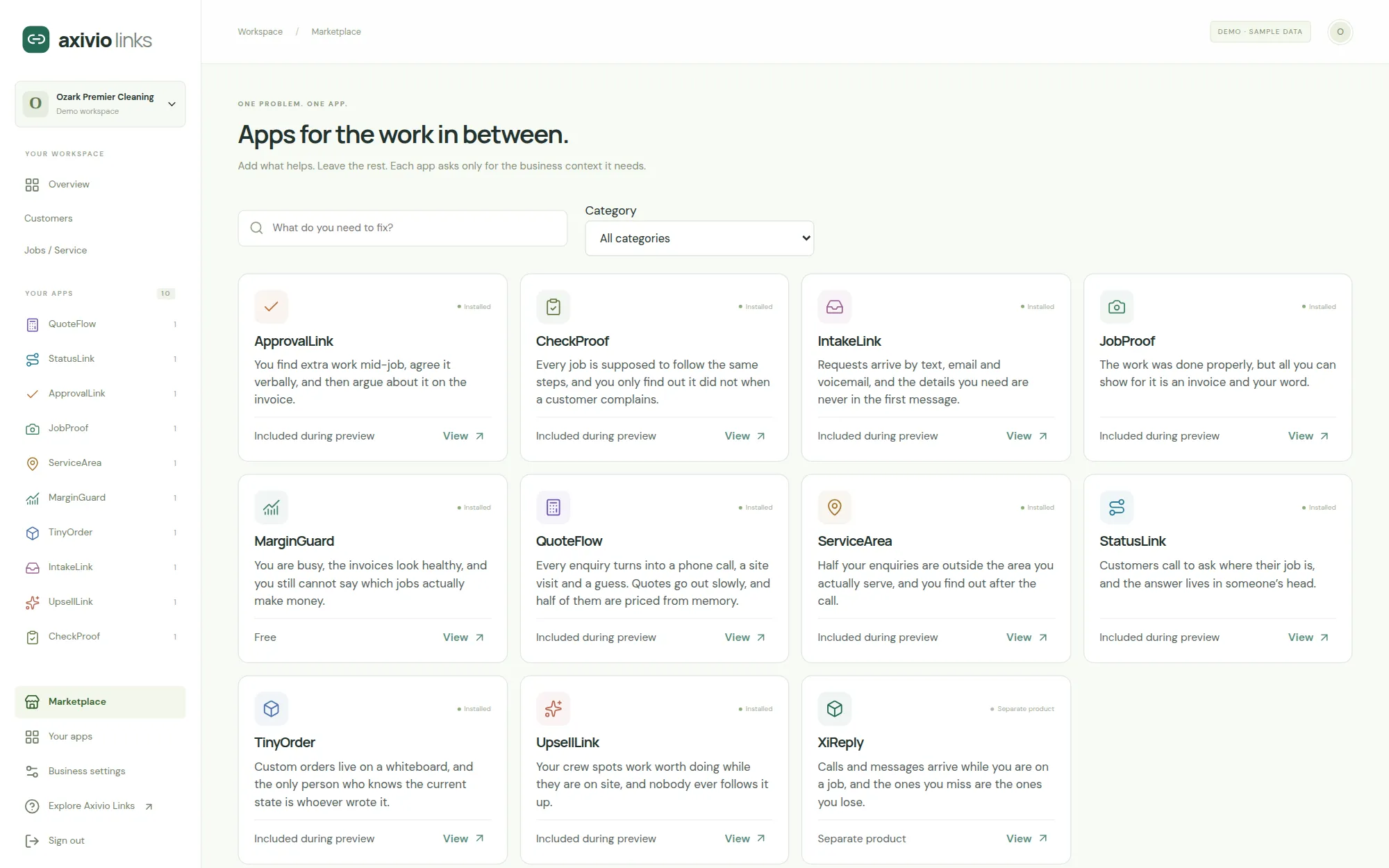 The Links marketplace showing focused business apps, each listing leading with the problem it solves, in a sample workspace.