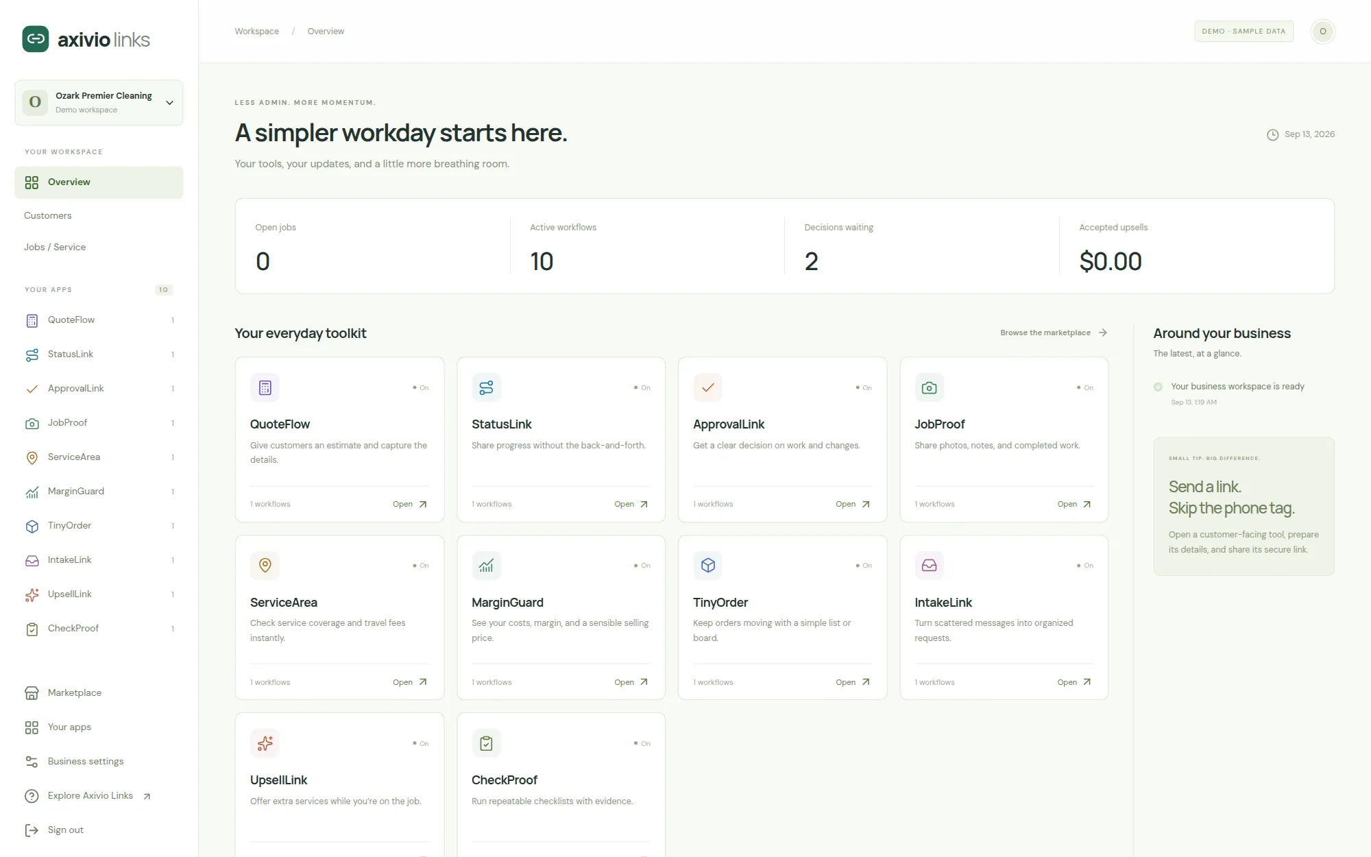A Links workspace overview showing installed apps, open jobs, active workflows and decisions waiting.