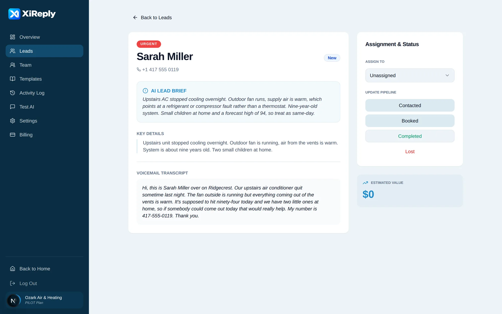 A XiReply customer request for Sarah Miller, showing an urgent badge, a customer brief, key details and the full voicemail transcript.