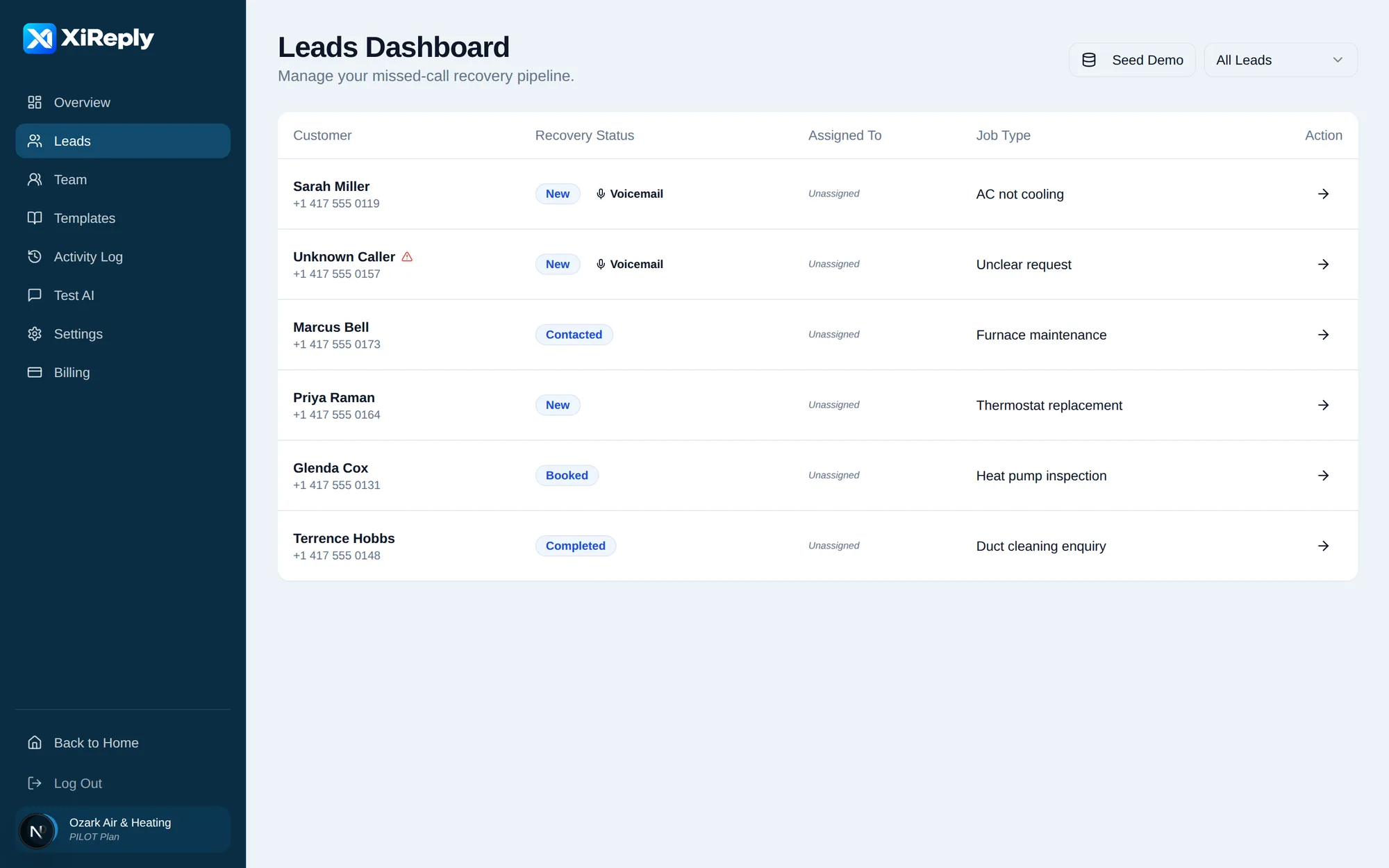The XiReply leads list showing captured customer requests with status, source and assignment.
