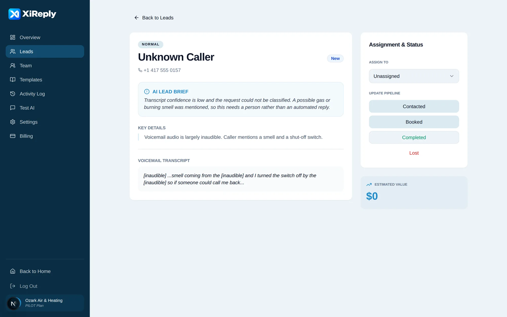 A XiReply request flagged for human review because transcription confidence was low and a possible safety issue was mentioned.