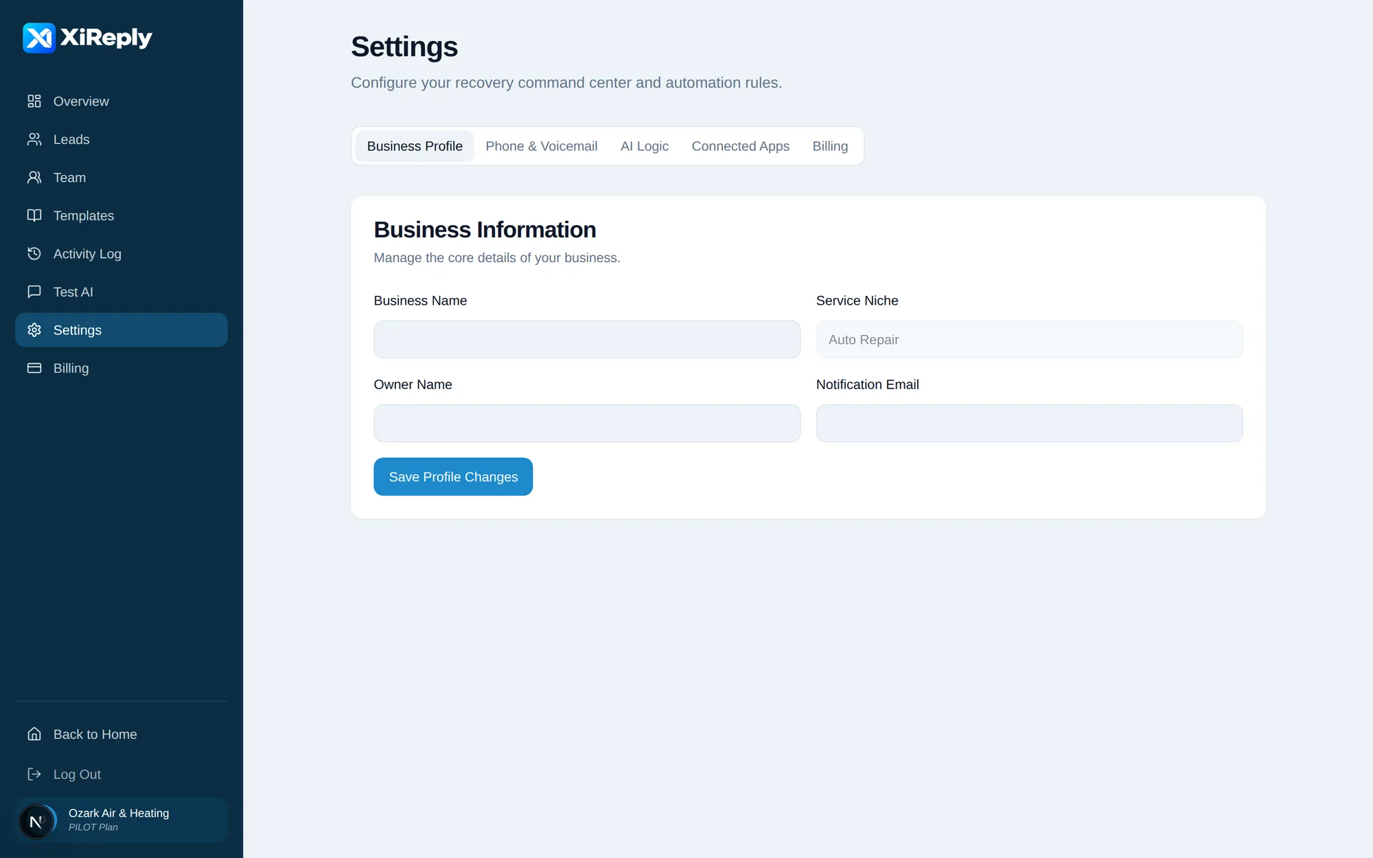 XiReply settings showing the assigned phone number, voicemail greeting and recording notice for a business.